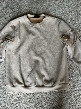 Alice Blue Cream Lace-Texture Fringe Sleeve Sweatshirt